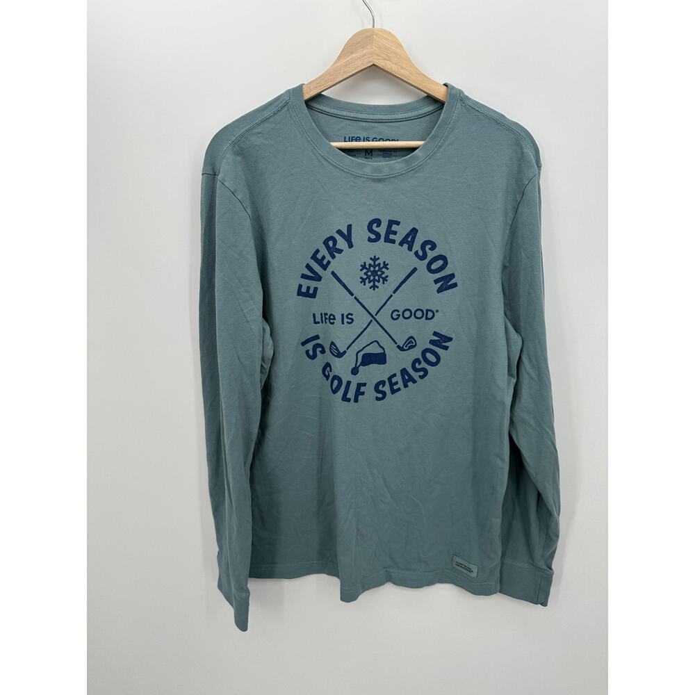 Life is Good Mens Blue Golf Season Graphic Long Sleeve Shirt Size M Casual Tee